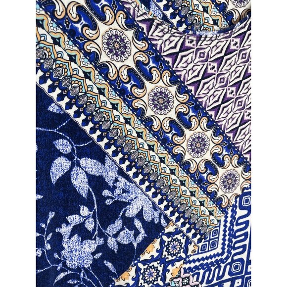 Chicos Blue Patchwork Print Blouse Medium Short Sleeve Boho Floral Top - Picture 5 of 12